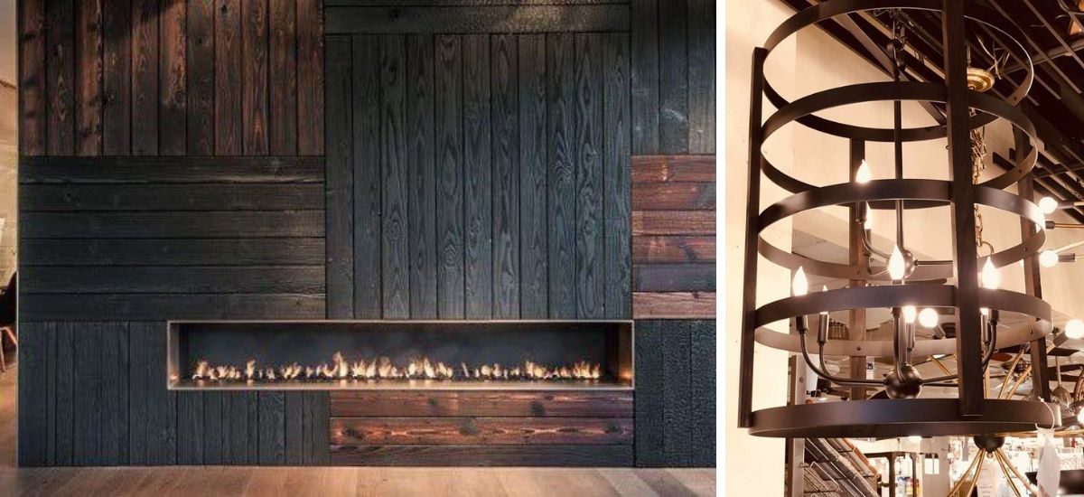 Japanese-inspired charred wood fireplace and wooden light fixtures