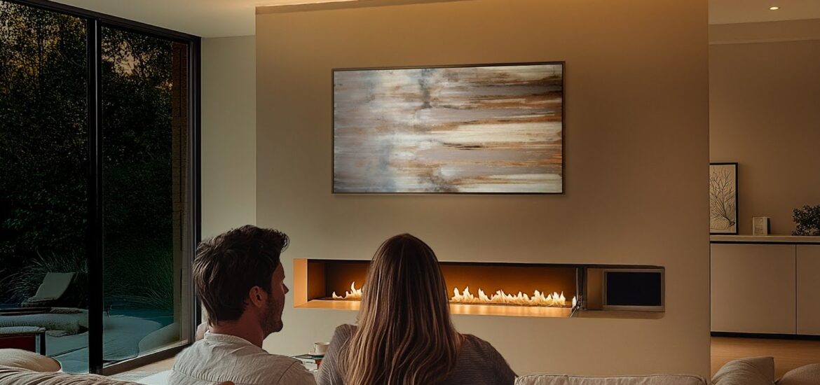 Couple enjoying soft lighting in living room